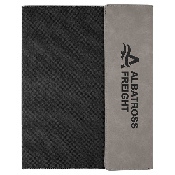 9 1/2" x 12" Gray Engraved Faux Leather / Black Canvas Portfolio w / Notepad - Gray/Black