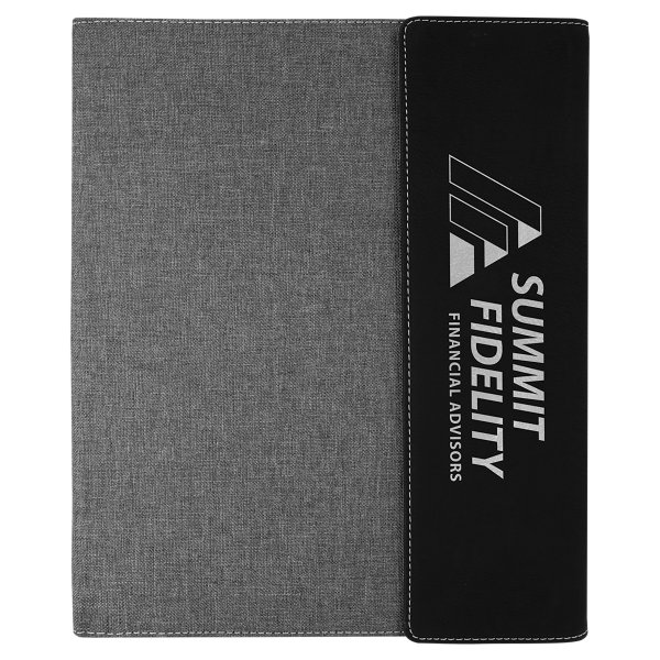 9 1/2"x12" Black/Silver Engraved Faux Leather / Gray Canvas Portfolio w/Notepad - Black/Gray