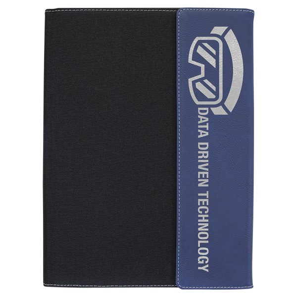 9 1/2"x12" Blue/Silver Engraved Faux Leather  / Black Canvas Portfolio w/Notepad - Blue/Black