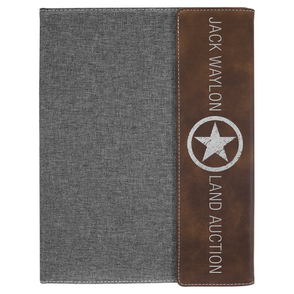 9 1/2"x12" Rustic/Silver Engraved Faux Leather/Gray Canvas Portfolio w/Notepad - Rustic/Black