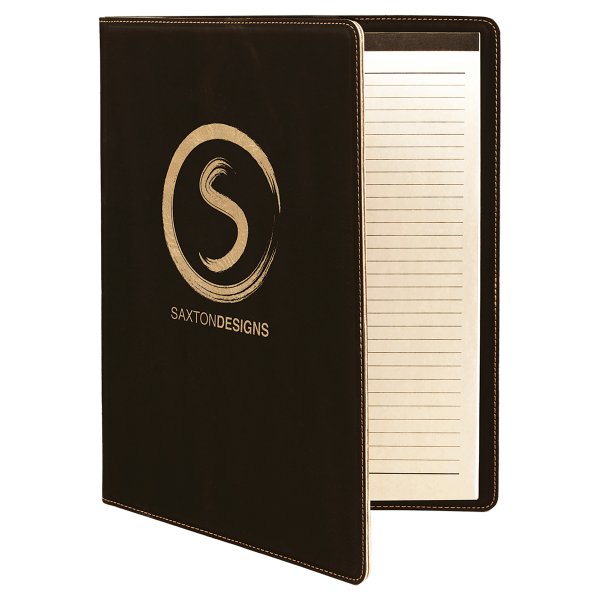 9 1/2" x 12" Black/Gold Engraved Faux Leather Portfolio with Notepad - Black