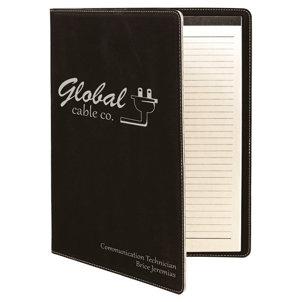 9 1/2" x 12" Black/Silver Engraved Faux Leather Portfolio with Notepad - Black/Silver