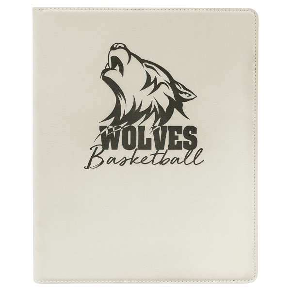 9 1/2" x 12" White/Black Engraved Faux Leather Portfolio with Notepad - White