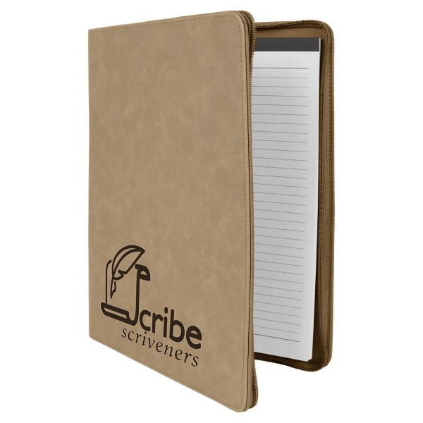 9 1/2" x 12" Light Brown w/ Zipper Engraved Faux Leather Portfolio with Notepad - Light Brown