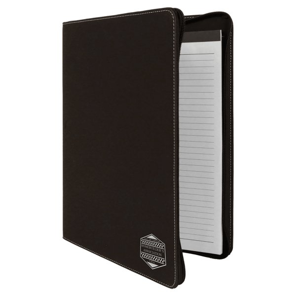 9 1/2" x 12" Black/Silver w/ Zipper Engraved Faux Leather Portfolio with Notepad - Black
