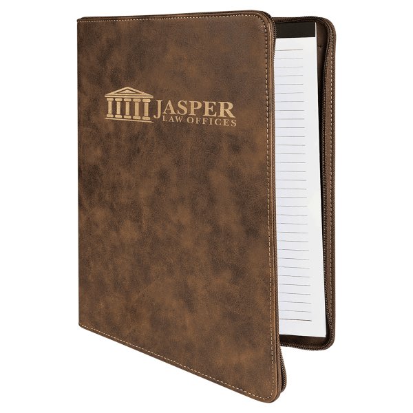 9 1/2" x 12" Rustic/Gold w/ Zipper Engraved Faux Leather Portfolio with Notepad - Rustic