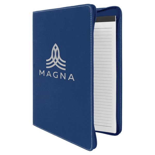 9 1/2" x 12"  Blue/Silver w/ Zipper Engraved Faux Leather Portfolio with Notepad - Blue/Silver