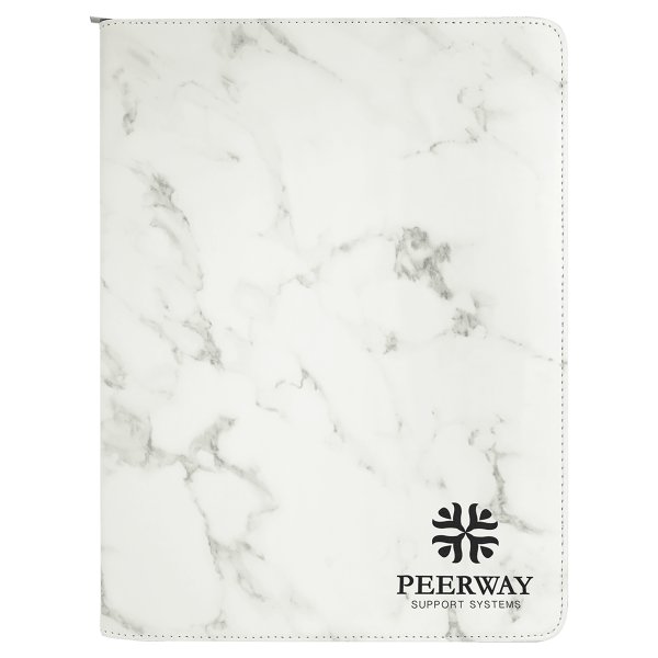 9 1/2" x 12" White Marble with Zipper Leatherette Portfolio with Notepad - White Marble