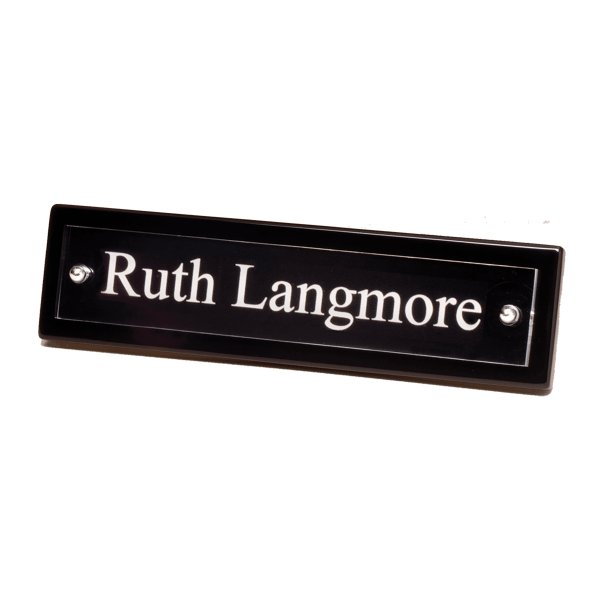 9 1/4" x 2 1/8" Black Piano Finish Nameplate with Acrylic Engraving Plate, Two Silver Posts - Black/Silver