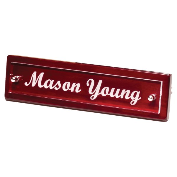 9 1/4" x 2 1/8" Rosewood Piano Finish Nameplate with Acrylic Engraving Plate, Two Silver Posts - Rosewood/Silver