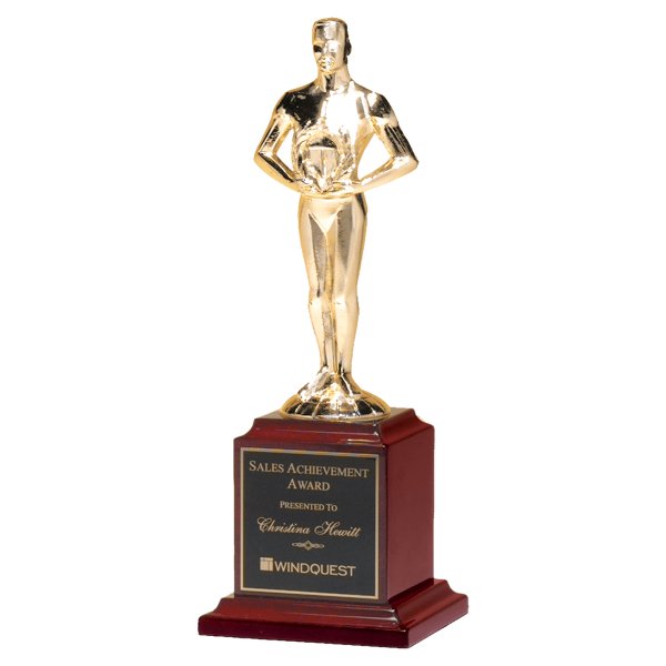 13 1/2" Cast Metal Goldtone Finish Classic Achiever Figure on a Rosewood Piano Finish Base with a Black Custom Engraved Plate - Black/Gold/Rosewood