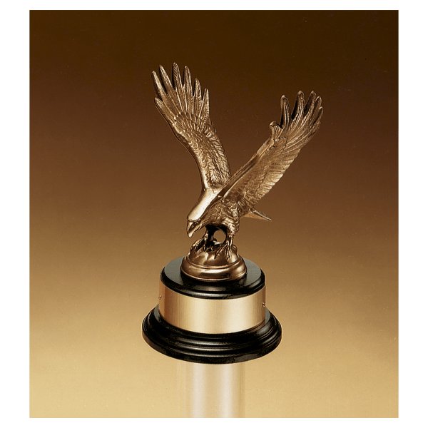 9" Fully Modeled Antique Bronze Eagle Casting on a Black Piano Finish Base with Gold Flex-Brass Plate - Bronze/Gold/Black