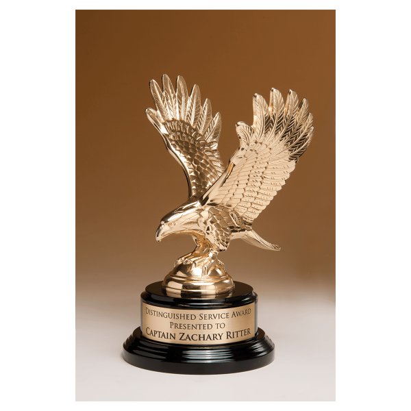 9" Fully Modeled Gold Finish Metal Eagle on a Black Piano Finish Base with a Gold Flex-Brass Plate - Gold/Black