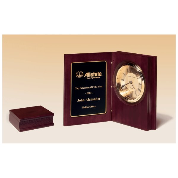 9" x 6 3/4" Hand Rubbed Mahogany Finish Book Clock, Diamond Spun Dial, 3 Hand Movement, Black Custom Engraved Plate - Mahogany/Black/Gold