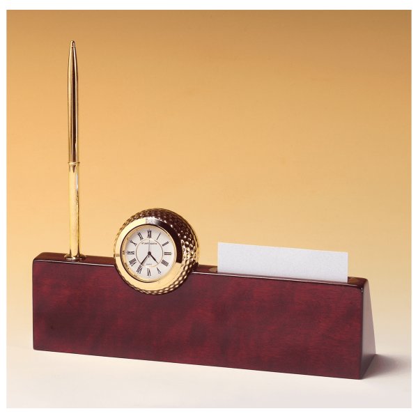9" x 9" x 2 1/4" Gold Metal Golfball Clock on Rosewood Piano Nameplate, Business Card Holder, Pen - Rosewood/Gold/Black
