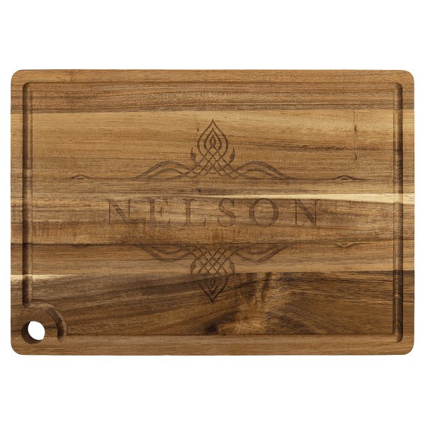 13 3/4" x 9 3/4" Acacia Cutting Board with Drip Ring and Corner Hole - woodgrain
