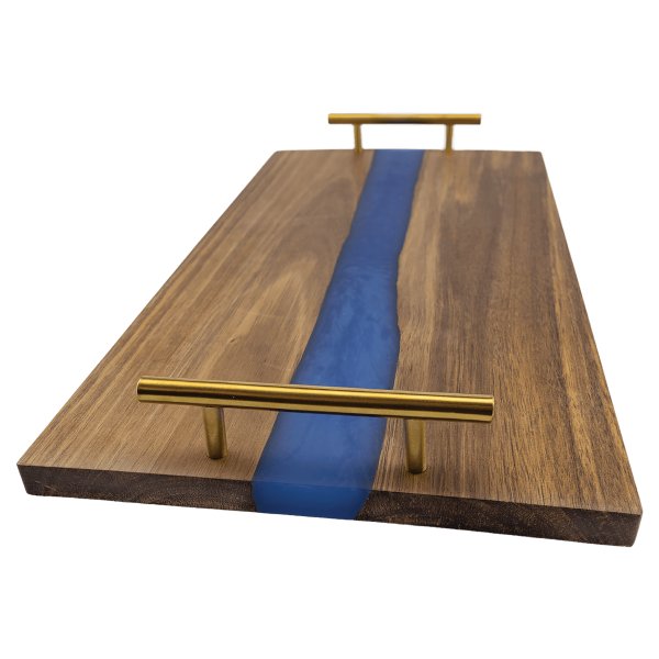 18" x 9" Acacia Serving Tray with Blue Pearl Resin and Gold Handles - woodgrain/blue/gold