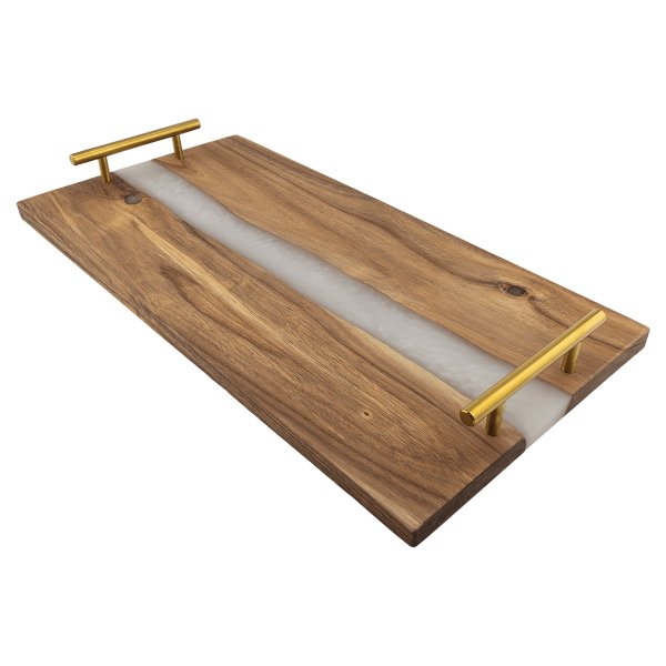 18" x 9" Acacia Serving Tray with White Pearl Resin and Gold Handles - woodgrain/white/gold