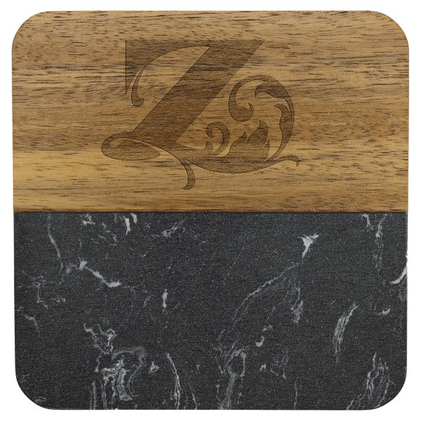4" x 4" Acacia with Black Marble Accent Square Coaster - Woodgrain/Black