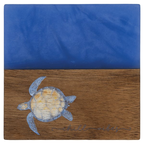 4" x 4" Acacia with Blue Pearl Resin Square Coaster - Woodgrain/Blue