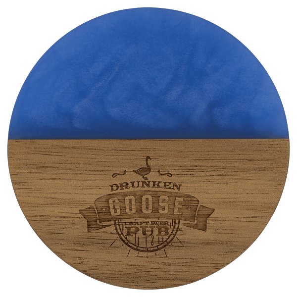4" Acacia with Blue Pearl Resin Round Coaster - Woodgrain/Blue