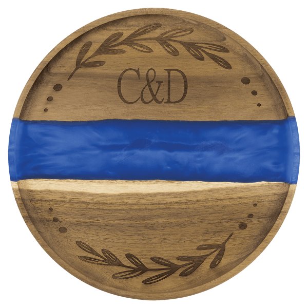 11 3/4" x 3/4" Acacia with Blue Pearl Resin Round Serving Tray - woodgrain/blue