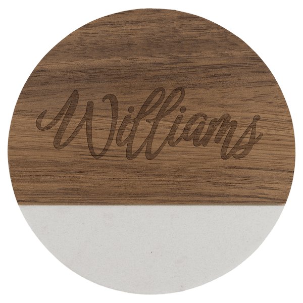 4" Acacia with White Marble Accent Round Coaster - Woodgrain/White