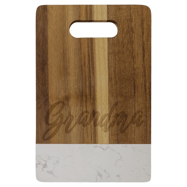 9" x 6" Acacia with White Marble Accent Rectangle Cutting Board with Handle - Woodgrain/White