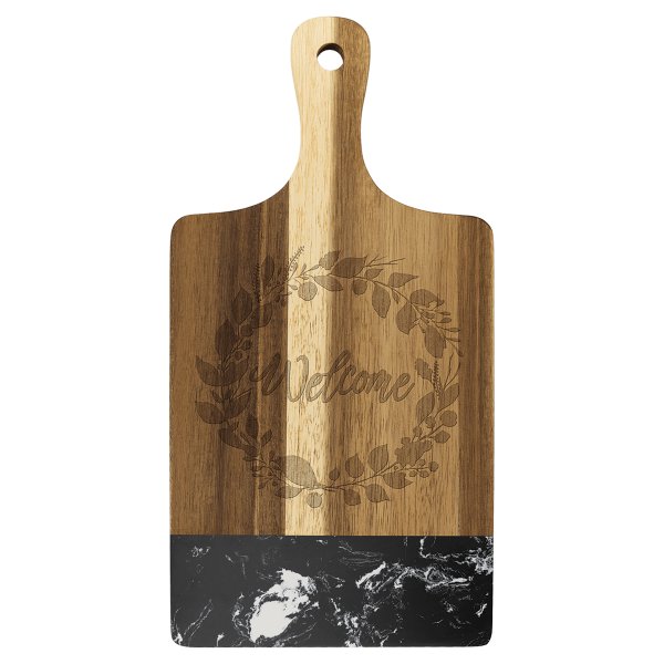 13 1/2" x 7" Acacia Wood with Black Marble Accent Paddle Shaped Cutting Board - Woodgrain/Black