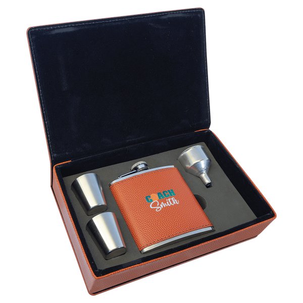 6 oz. Basketball Engraved Faux Leather Flask Gift Set - Orange