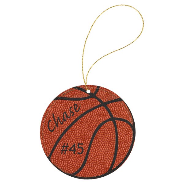 Basketball Engraved Faux Leather Round Ornament with Gold String - Orange