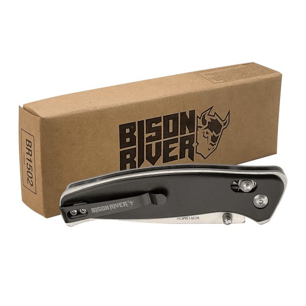 Bison River 4 1/2" Black Button Lock Folding Knife with Clip - Black
