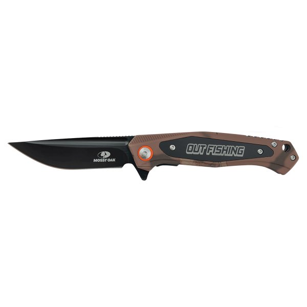 Bison River 4 1/2" Brown Camo Everyday Carry Knife with Custom Engraved Black Anodized Aluminum Plate-Official Mossy Oak Country Roots Camo Pattern - Brown Camo