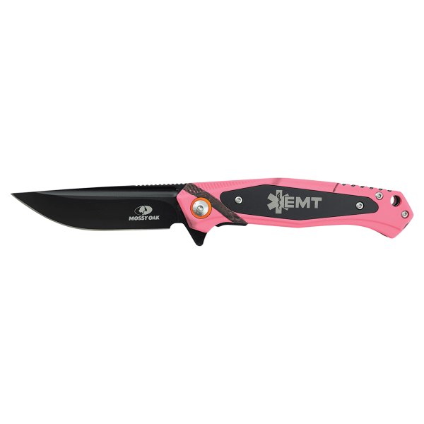 Bison River 4 1/2" Pink Camo Everyday Carry Knife with Custom Engraved Black Anodized Aluminum Plate- Official Mossy Oak Country Roots Pattern - Pink Camo