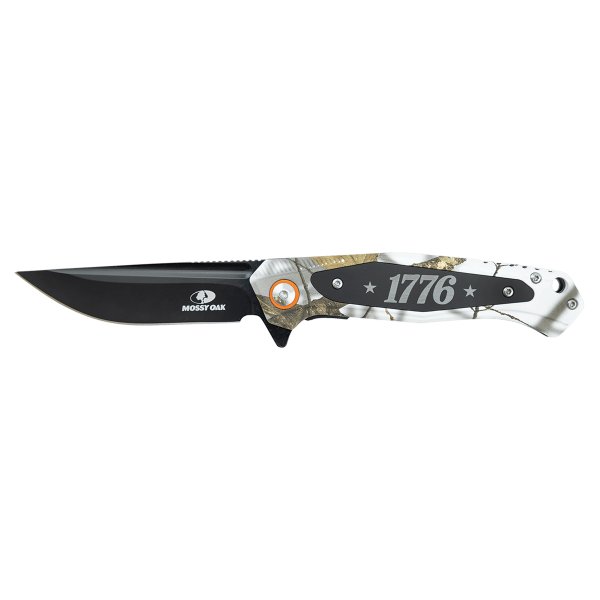 Bison River 4 1/2" White Camo Everyday Carry Knife with Custom Engraved Black Anodized Aluminum Plate- Official Mossy Oak Country Roots Pattern - White Camo