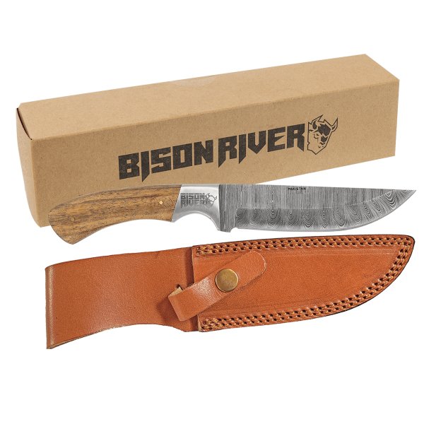 Bison River 9 1/2" Fixed Blade Wood Knife with Damascus Steel Blade and Leather Sheath - Woodgrain/Silver