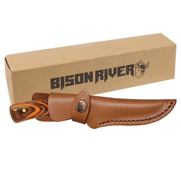 Bison River 7 3/4" Fixed Blade Wood Knife with Leather Sheath - Woodgrain/Silver