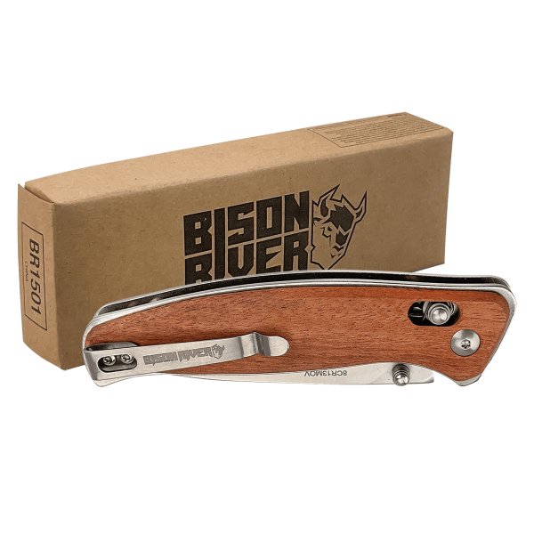 Bison River 4 1/2" Wood Button Lock Folding Knife - Woodgrain