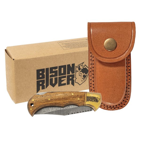 Bison River 3 3/4" Wood Folding Knife with Damascus Steel Blade and Leather Sheath - Woodgrain