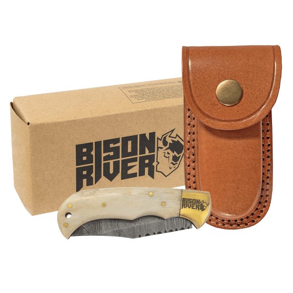 Bison River 3 3/4" Bone Folding Knife with Damascus Steel Blade and Leather Sheath - Bone