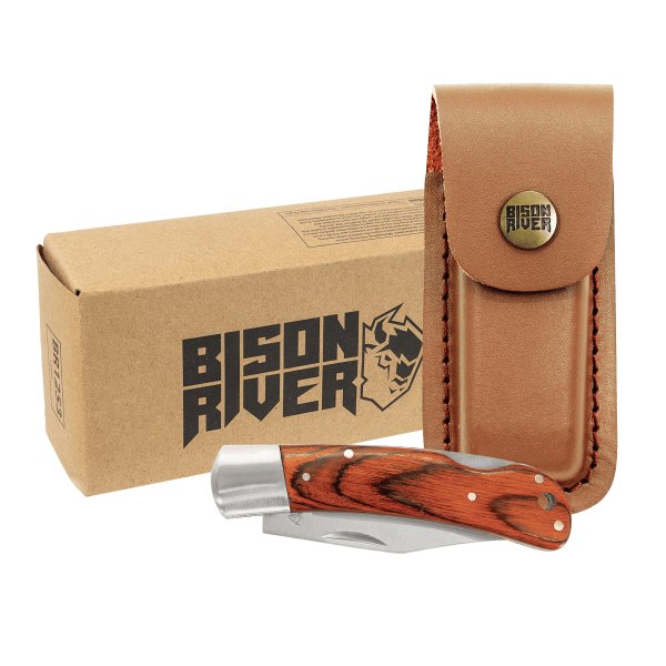 Bison River 4" Wood Folding Knife with Leather Sheath - Woodgrain/Silver