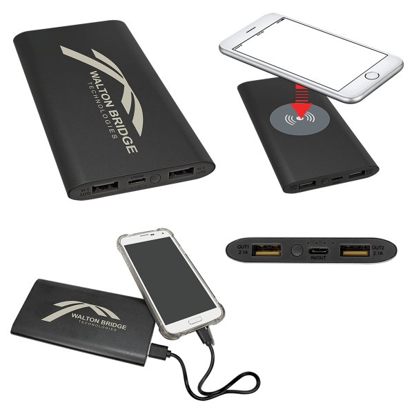 Black 8000MAH Power Bank & Wireless Anodized Aluminum Charger with USB-C Cord - Black