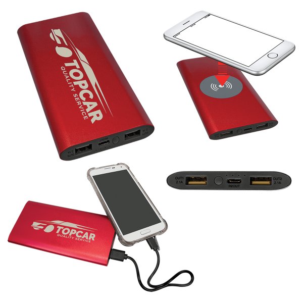 Red 8000MAH Power Bank & Wireless Anodized Aluminum Charger with USB-C Cord - Red