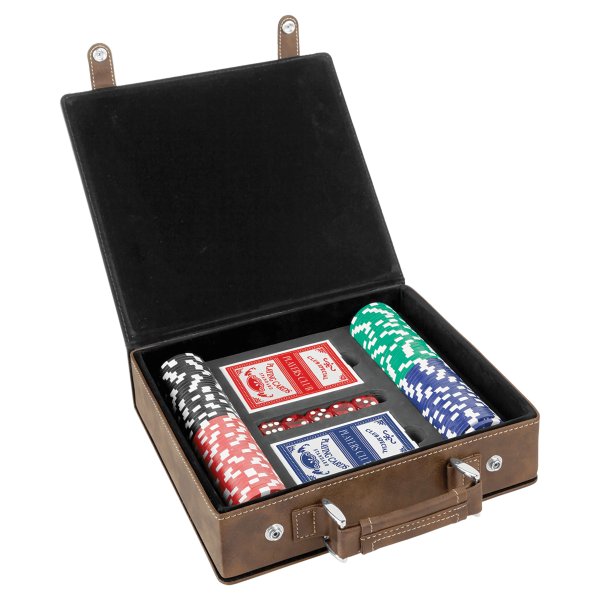 Rustic/Gold Engraved Faux Leather 100 Chip Poker Set - Rustic/Gold