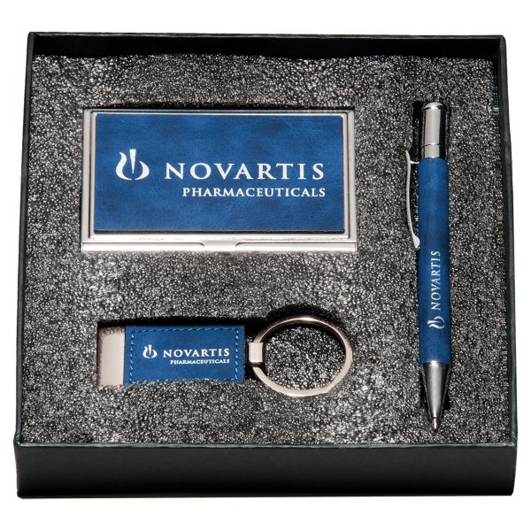 Blue Marbleized Leather Gift Set/Pen, Keychain, Business Card Holder - Blue/Silver