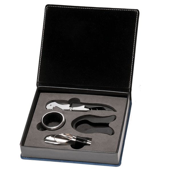 Blue Marbleized Leather Wine Tool Gift Set - Black/Blue/Silver