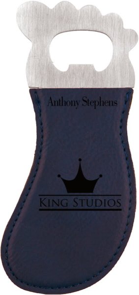 Blue/Back Engraved Faux Leather Foot Shaped Bottle Opener with Magnet - Blue/Black/Silver