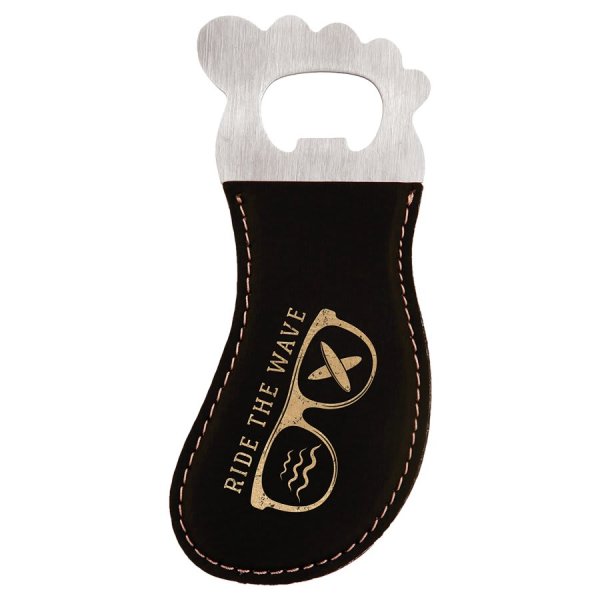 Black/Gold Engraved Faux Leather Foot Shaped Bottle Opener with Magnet - Black/Gold/Silver