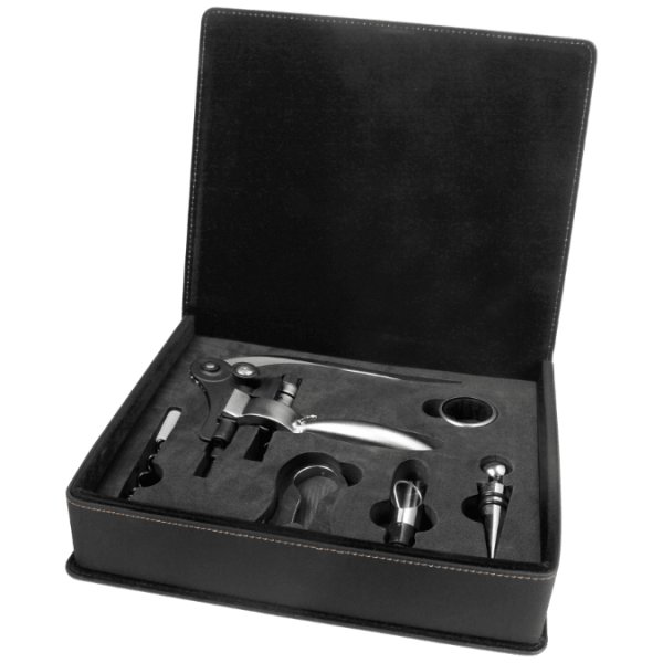 Black/Gold Engraved Faux Leather 5-Piece Wine Tool Gift Set - Black