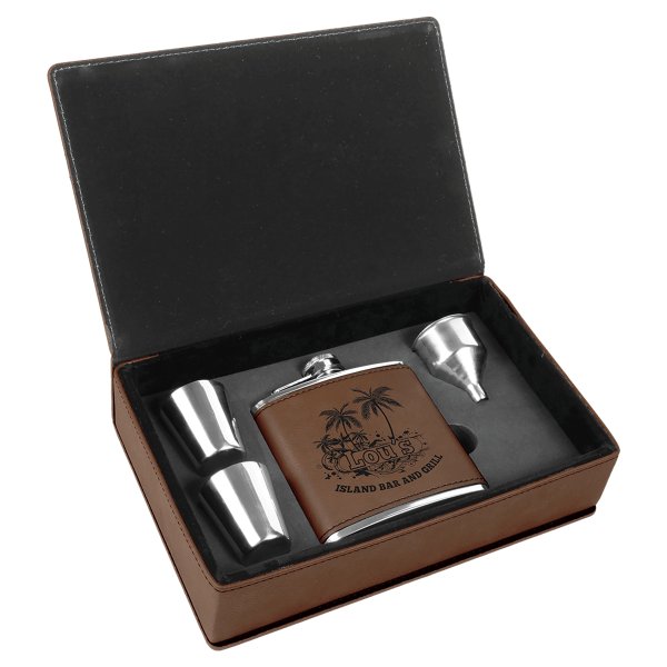 6 oz. Dark Brown Engraved Faux Leather Flask Gift Set - Dark Brown/Black
